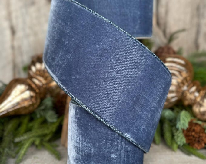4” Steel Blue Velvet Ribbon, Velvet ribbon, Christmas Ribbon, Wired Ribbon, Winter Ribbon, Blue Ribbon, Velvet ribbon, Christmas tree decor