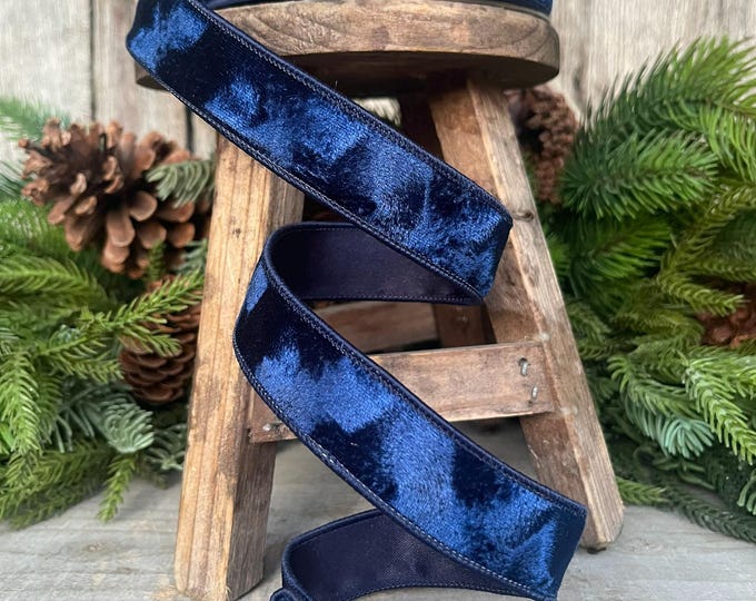1" Navy Blue Velvet Ribbon, Silken Velvet Ribbon, Farrisilk Wired Velvet Ribbon, wired,  Christmas Ribbon, Muted Blue Velvet Ribbon