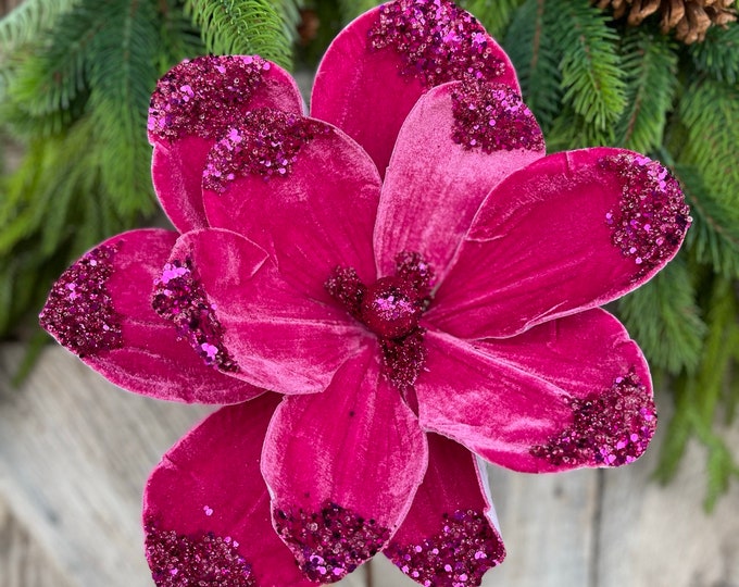 21 Hot Pink Velvet Magnolia, Christmas Magnolia, Faux Magnolia Stem