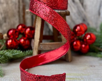 Red Chunky Glitter Wired Ribbon, Farriislk Ribbon, Christmas Ribbon, 1.5 inch ribbon, Holiday ribbon, Red ribbon
