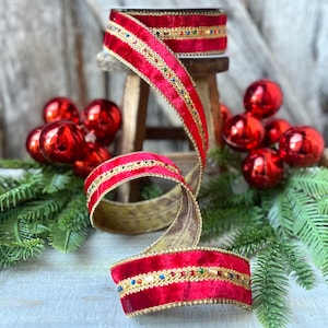 Red Velvet Jeweled Ribbon, Mutli colored Jeweled Ribbon, Christmas Ribbon, 5 yards, Holiday decor, Christmas Tree Ribbon, Holiday