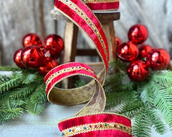 Red Velvet Jeweled Ribbon, Mutli colored Jeweled Ribbon, Christmas Ribbon, 5 yards, Holiday decor, Christmas Tree Ribbon, Holiday