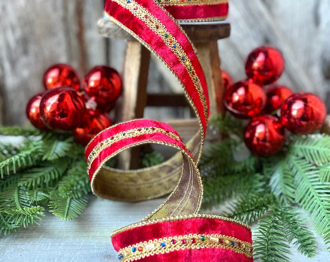 Red Velvet Jeweled Ribbon, Mutli colored Jeweled Ribbon, Christmas Ribbon, 5 yards, Holiday decor, Christmas Tree Ribbon, Holiday