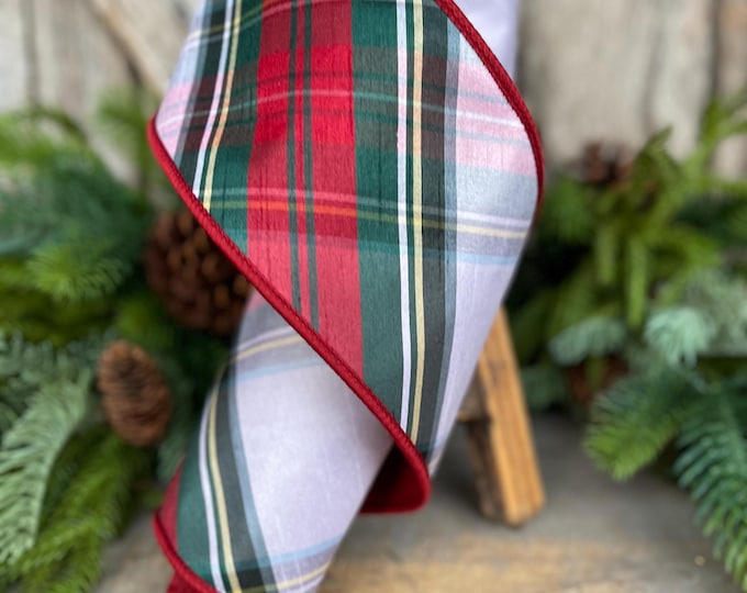 4" Traditional CHristmas Plaid, Wired Ribbon,  Chirstmas Plaid RIbbon, RIbbon for Treee, Christmas Plaid