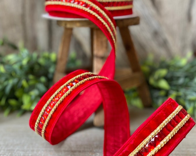 1.5" REd Gemstones, Farrisilk, REd Jeweled RIbbon, Red Ribbon, Red Christmas Ribbon, Designer RIbbon, Farrisilk Gemstone Ribbon
