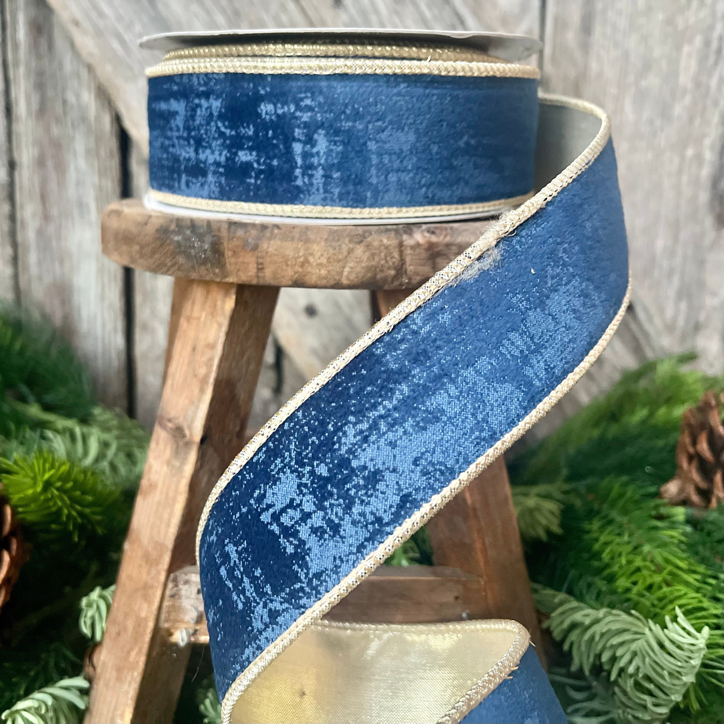 1.5 Dusty Blue Textured Velvet Ribbon, Wired Velvet Ribbon, Christmas