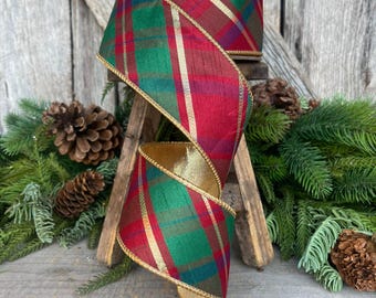 2.5" Christmas Plaid Ribbon, Red Green Gold Plaid Ribbon, Traditional Christmas Ribbon, Wired RIbbon, Classic Christmas Plaid Ribbon