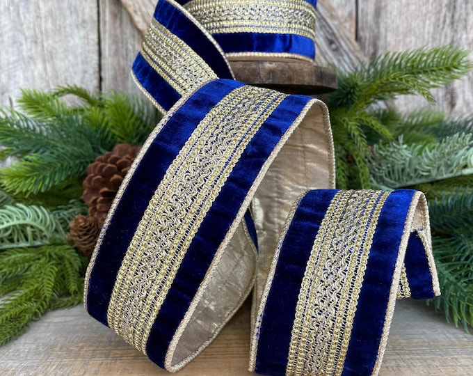 2.5" Blue and Gold Trim Ribbon, Royal Blue Ribbon, Wired Ribbon, Blue Christmas Ribbon, Jeweled RIbbon, Designer Ribbon