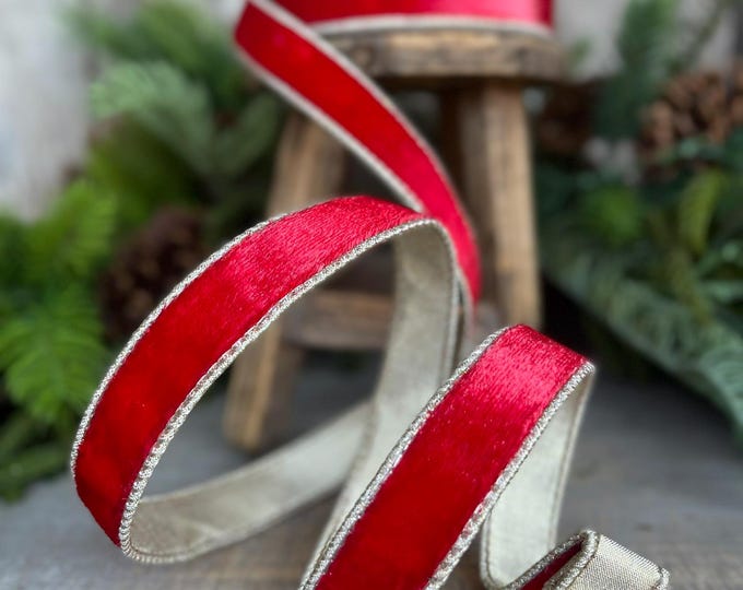 1" Red Velvet Sheen Ribbon, Farrisilk Ribbon, Red Velvet Ribbon, Christmas RIbbon, Red and Gold Velvet Ribbon, Designer Ribbon, RK466-02