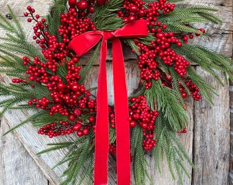 24" Christmas Red Berry Wreath, Cranberry Wreath, Red Wreath, Christmas Front Door, Woodsey Christmas Wreath, Artificial Wreath