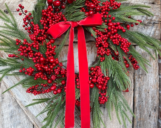24" Christmas Red Berry Wreath, Cranberry Wreath, Red Wreath, Christmas Front Door, Woodsey Christmas Wreath, Artificial Wreath