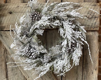 24" Snowy Flocked Wreath,Flocked Front Door Wreath,Christmas Wreath, Artificial Wreath, Christmas Front Door,Pine Wreath,Christmas Farmhouse