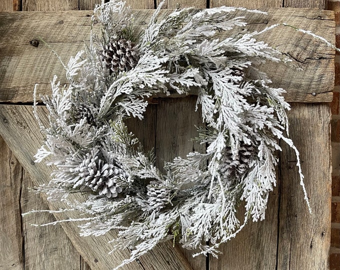 24" Snowy Flocked Wreath,Flocked Front Door Wreath,Christmas Wreath, Artificial Wreath, Christmas Front Door,Pine Wreath,Christmas Farmhouse