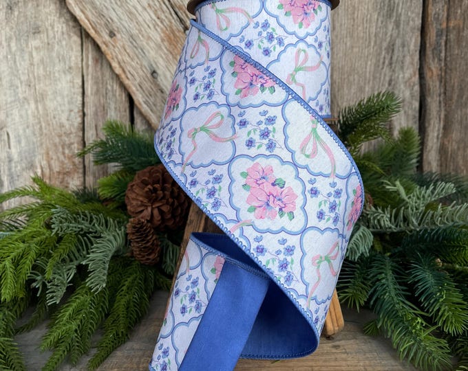4" Blue Floral and Bows Ribbon