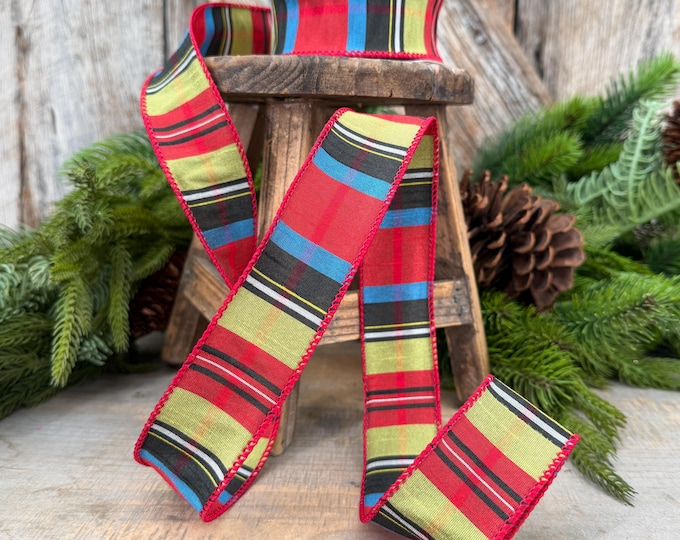 1.5" Red Tartan Plaid Ribbon, Christmas Plaid Wired Ribbon, Red Christmas Plaid RIbbon