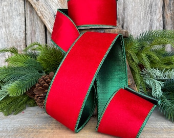 2.5" Red Emerald Velvet, 2 Tone Velvet, Christmas Velvet, Red and Green Velvet, Wreath Supply, Craft Supply, Wired Ribbon, 5 YARDS