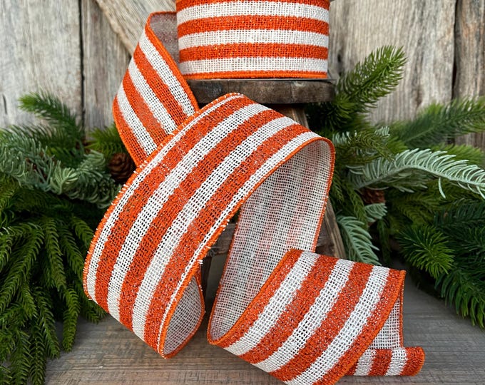 2.5" Orange White Scarecrow Stripes Ribbon, Farrisilk Ribbon, Fall Ribbon, Halloween Ribbon, Wired Ribbon, RS097-52