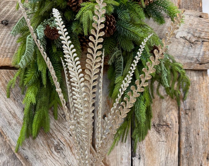 33" Champagne Glitter Leaf Spray, Tree Topper Floral Pick