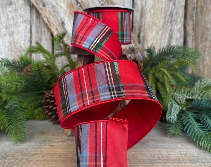 2.5" Traditional Christmas Plaid Ribbon, Wired Ribbon, Red Blue Chirstmas Plaid RIbbon