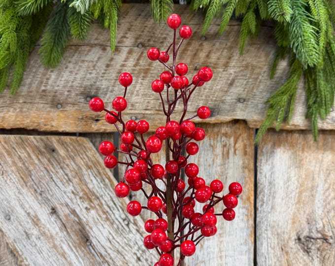 18" Red Berry Spray, Glossy Christmas Berry Pick