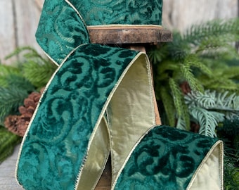 Emerald Green Embossed Velvet Christmas Ribbon: Wired Gold Backing, 2.5" x 10 Yards