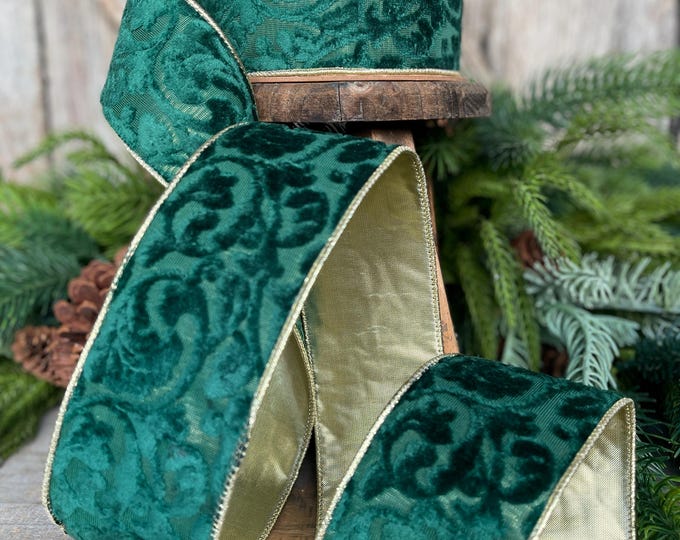 Emerald Green Embossed Velvet Christmas Ribbon: Wired Gold Backing, 2.5" x 10 Yards
