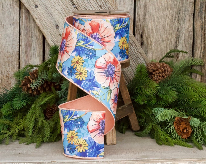 4" Blue Daisy Primrose Ribbon by D Stevens, Wired Ribbon, Summer Ribbon, Floral Ribbon, Ribbon with Daisies, Designer Ribbon