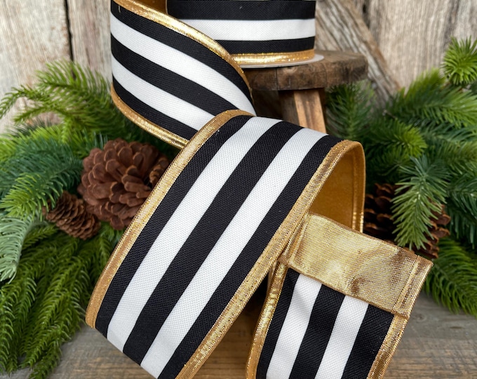 2.5 Black White Stripe Ribbon, Black White Gold Ribbon, Christmas Ribbon