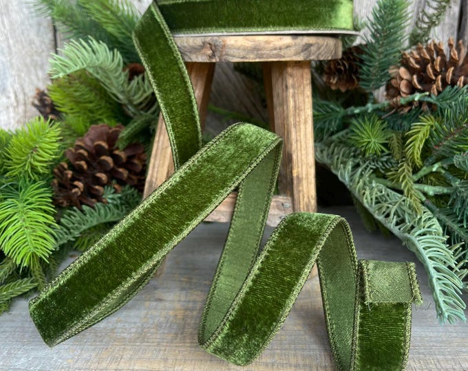 1" Forest Green Velvet Ribbon, Farrisilk Ribbon, Wired Ribbon, Christmas Ribbon, Moss Green Ribbon, RV001-45, Olive Green Ribbon, Wired