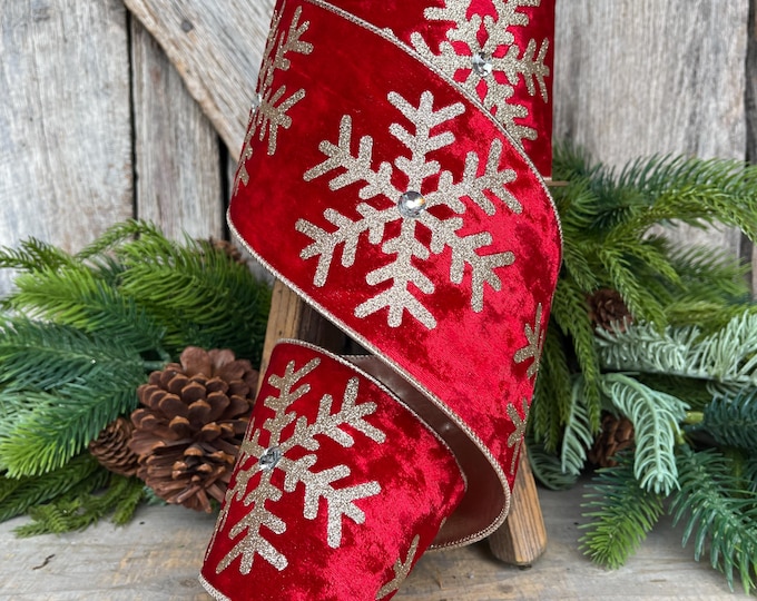 Red Velvet Snowflake Ribbon: Gold Glitter, Christmas Decor 4" x 10yds