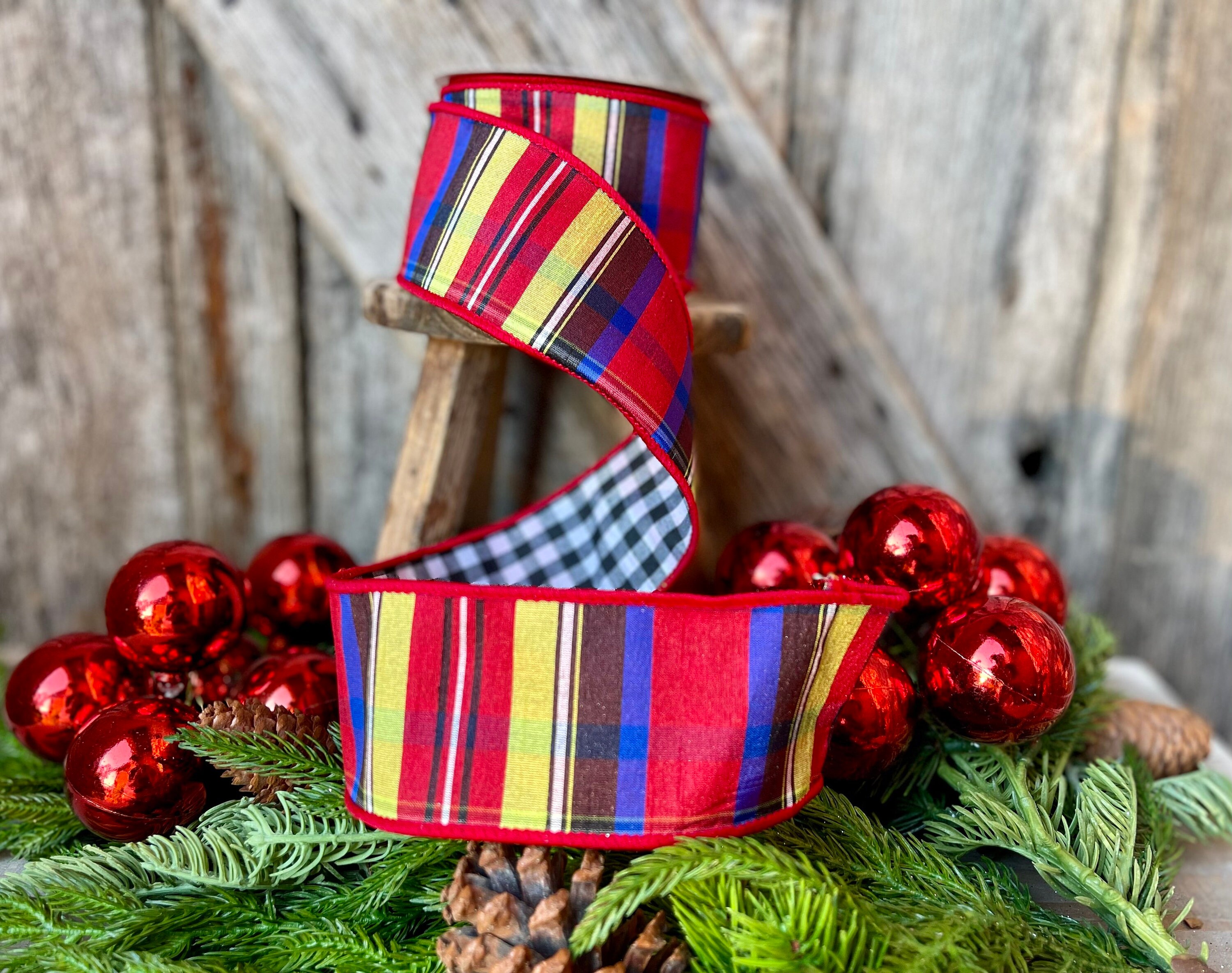 2.5 Nutcracker plaid ribbon, Christmas ribbon, Christmas plaid ribbon,  Farrisilk ribbon, wired ribbon, luxury Christmas ribbon, nutcracker