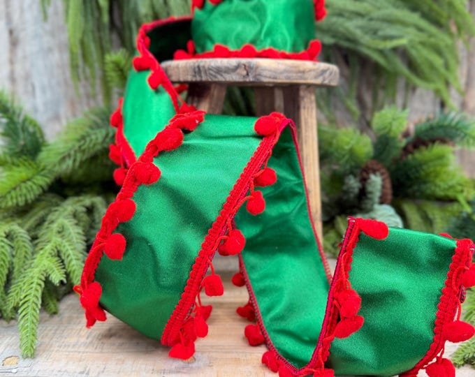 2.5" Green and Red Pom Pom Ribbon, Christmas Ribbon