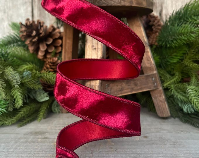 1” Burgundy Silken Velvet Ribbon, Farrisilk ribbon, Velvet ribbon, Christmas Ribbon, Wired Ribbon, maroon velvet, Velvet ribbon,Fall Ribbon
