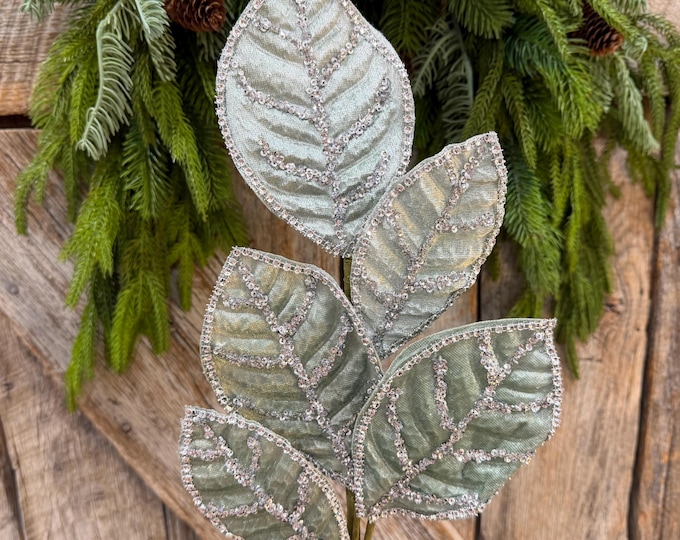 24" Light Aqua Blue Velvet Magnolia Leaf Spray, Celadon Christmas Spray