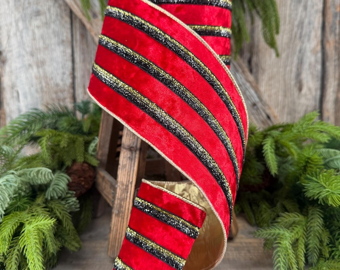 4” Red Velvet Wired Ribbon, Black Gold Metallic Trim, Gold Backing