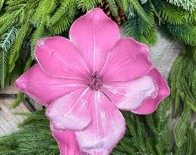 Pink Velvet Magnolia Stem: 18" Christmas Floral Spray