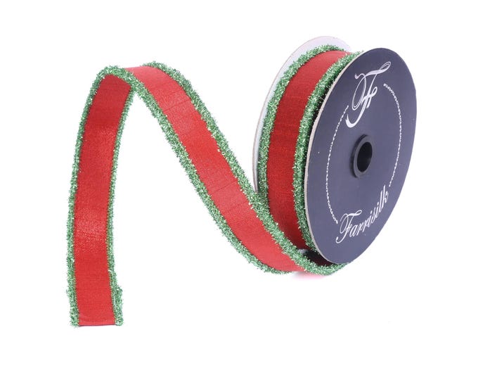 1" Red & Lime Green Tinsel Ribbon, Christmas Ribbon, Farrisilk ribbon, 1" x 10 yards