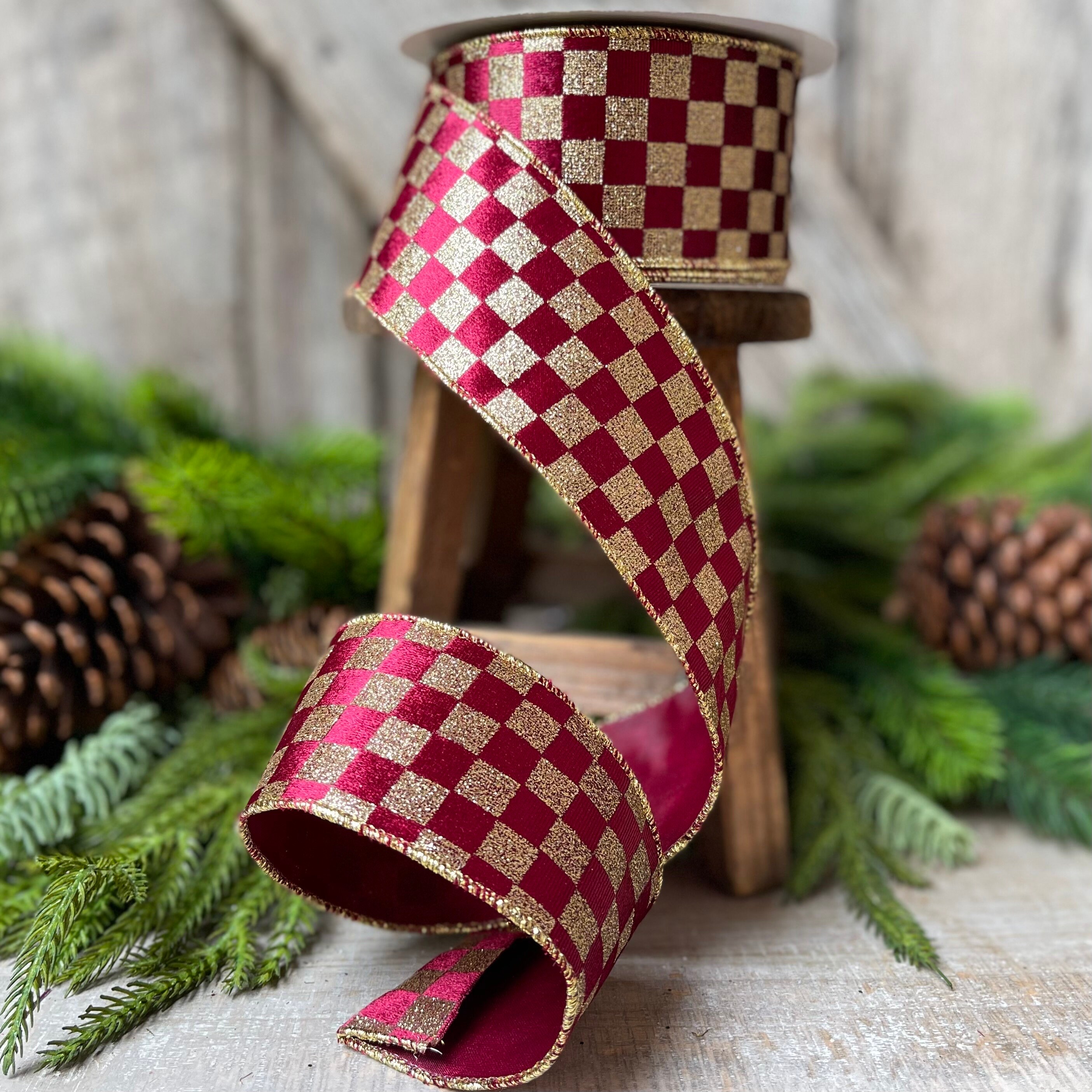 2.5 Burgundy Gold Glitter Check Wired Ribbon, Christmas Ribbon ...