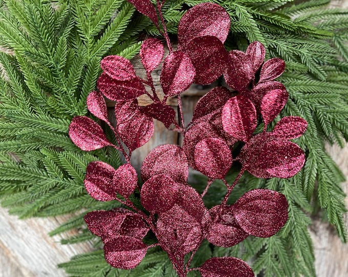 24" Burgundy Bay Leaf Glitter Spray, Burgundy Maroon Leaf Spray, Fall Leaf Spray, Christmas Tree Decor, Burgundy Spray