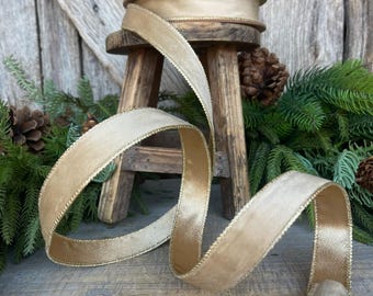 1" Gold Velvet RIbbon, Wired Ribbon, Champagne Gold Velvet Ribbon, Christmas Velvet Ribbon, Fall Ribbon, Designer Velvet Ribbon