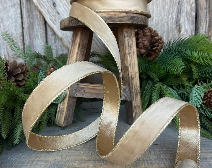 1" Gold Velvet RIbbon, Wired Ribbon, Champagne Gold Velvet Ribbon, Christmas Velvet Ribbon, Fall Ribbon, Designer Velvet Ribbon