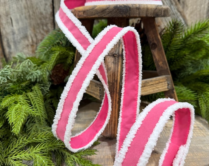 1" Bubblegum Pink Santa Trim Ribbon, Fuzzy Border Ribbon, Santa trim ribbon
