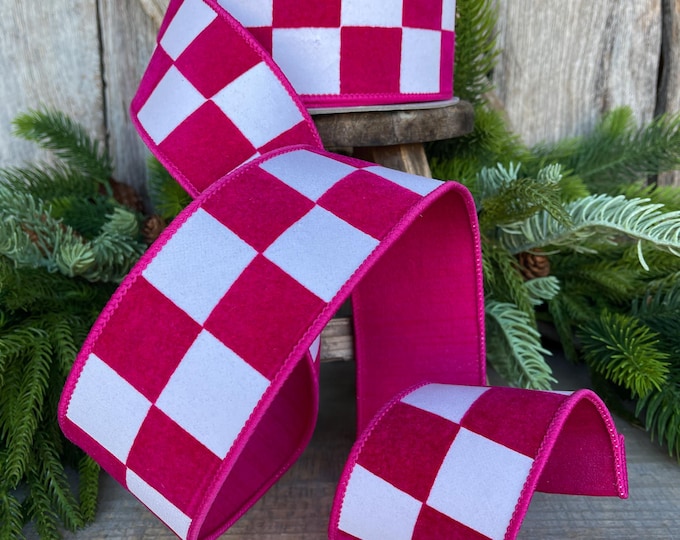 2.5" Hot Pink Maxi Check Ribbon, Wired Ribbon, Farrisilk Ribbon, Hot Pink White Check Ribbon, SR006-08