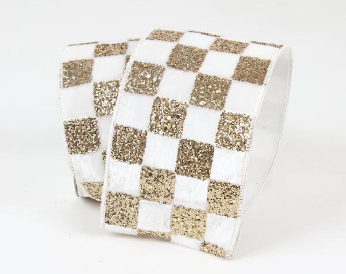 4" Ivory Gold Ribbon Glitter Check, Christmas Tree Ribbon, Ivory White Velvet Ribbon, Farrisilk Ribbon, Velvet for Christmas Tree