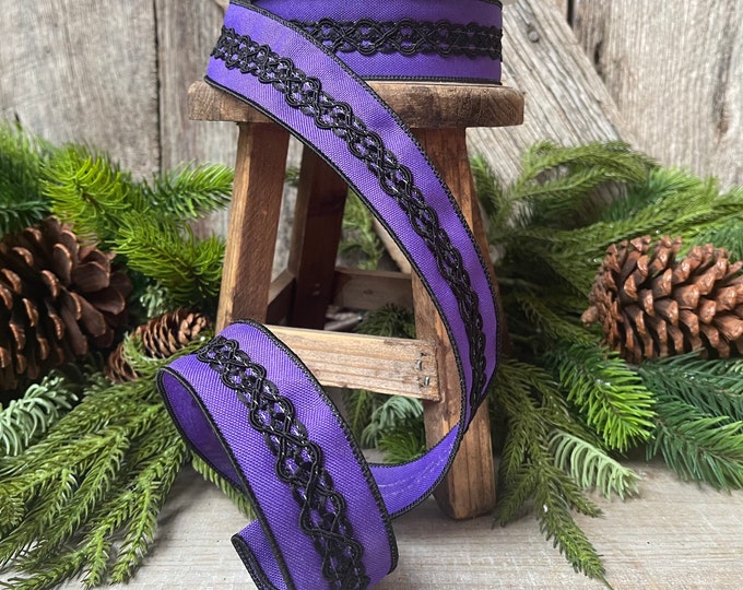 1.5" Puprle and black corded wired ribbon, Halloween Ribbon, designer Ribbon, wired ribbbon, halloween decor, ribbon for bows, wreath supply