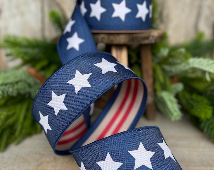 2.5" Patriotic Wired Ribbon, Blue Stars Tea-Stained Red Stripes, Americana Ribbon, Rustic 4th of July Decor, 9556W-032-63C