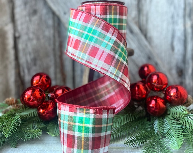 4" Christmas Red Green Candy Plaid Ribbon, Farrisilk Ribbon, Christmas Tree Ribbon, Wired Ribbon, Wreath Supply, Ribbon for Christmas Tree