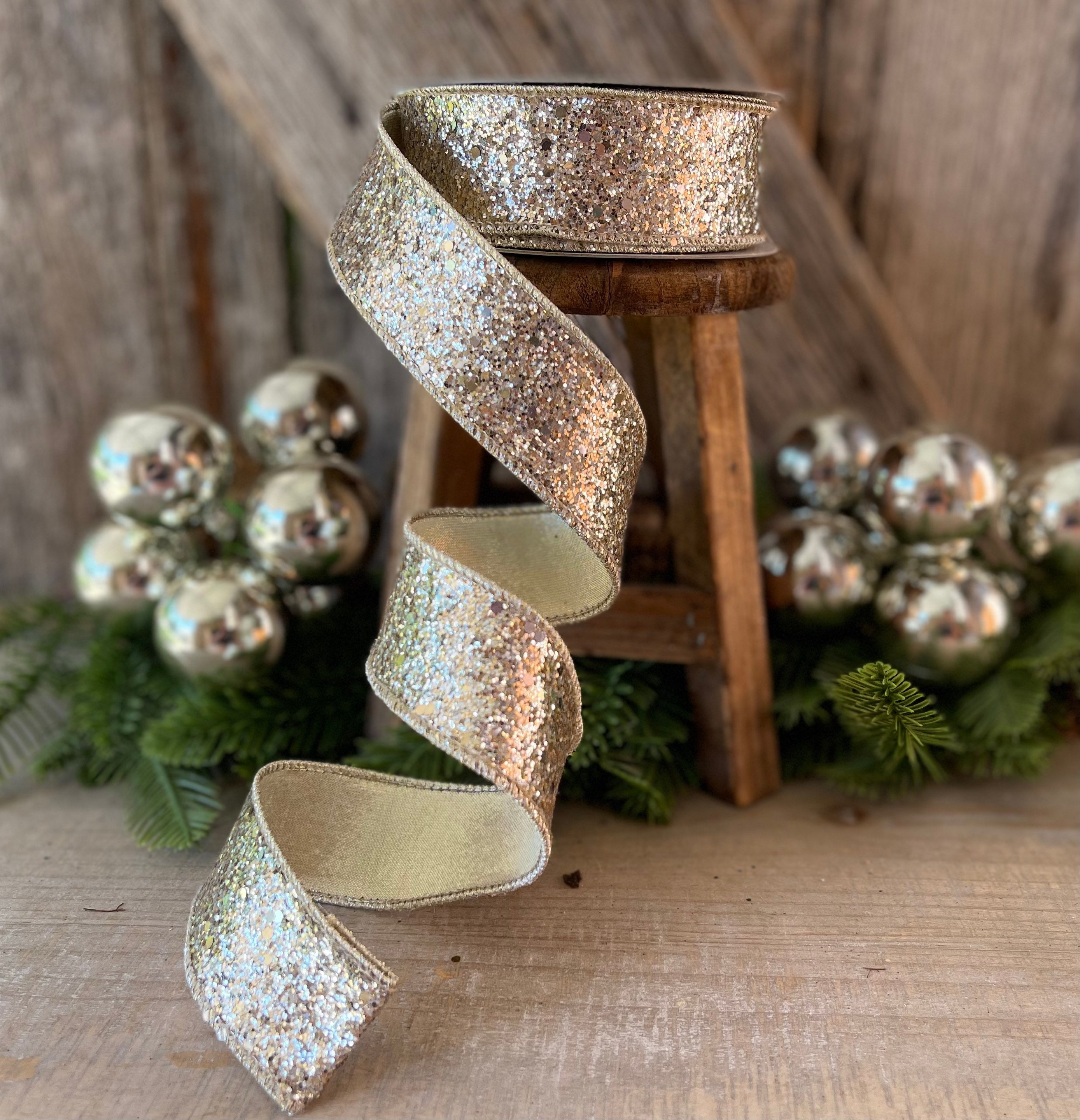 2.5 inch Wired Light Gold Glitter Ribbon - Low Shed Gold Glitter Christmas  Ribbon - 10 Yards