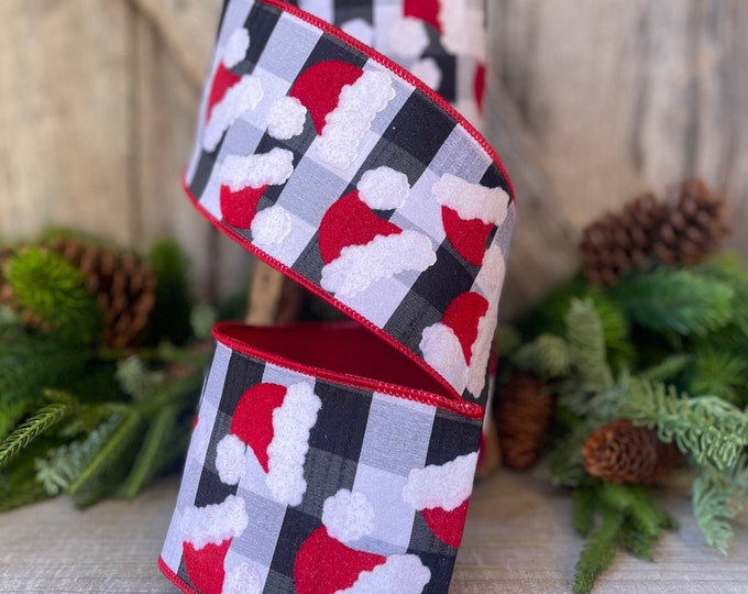 4" Santa Hats on Checks, Christmas Tree Ribbon, Black and White Checks, Farrisilk Ribbon, Wired RIbbon, Christmas Tree Ribbon, Santa Decor