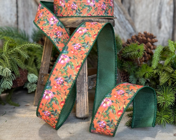 1.5" Fall Floral Ribbon, Orange Fall Ribbon